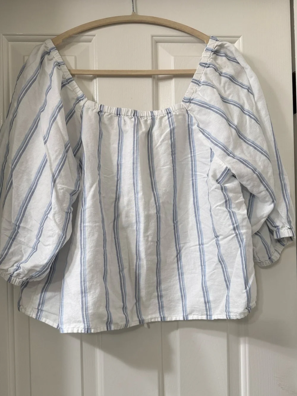 J. Crew White Blouse with Light Blue Stripes - Tie-Front Peasant Top - size L